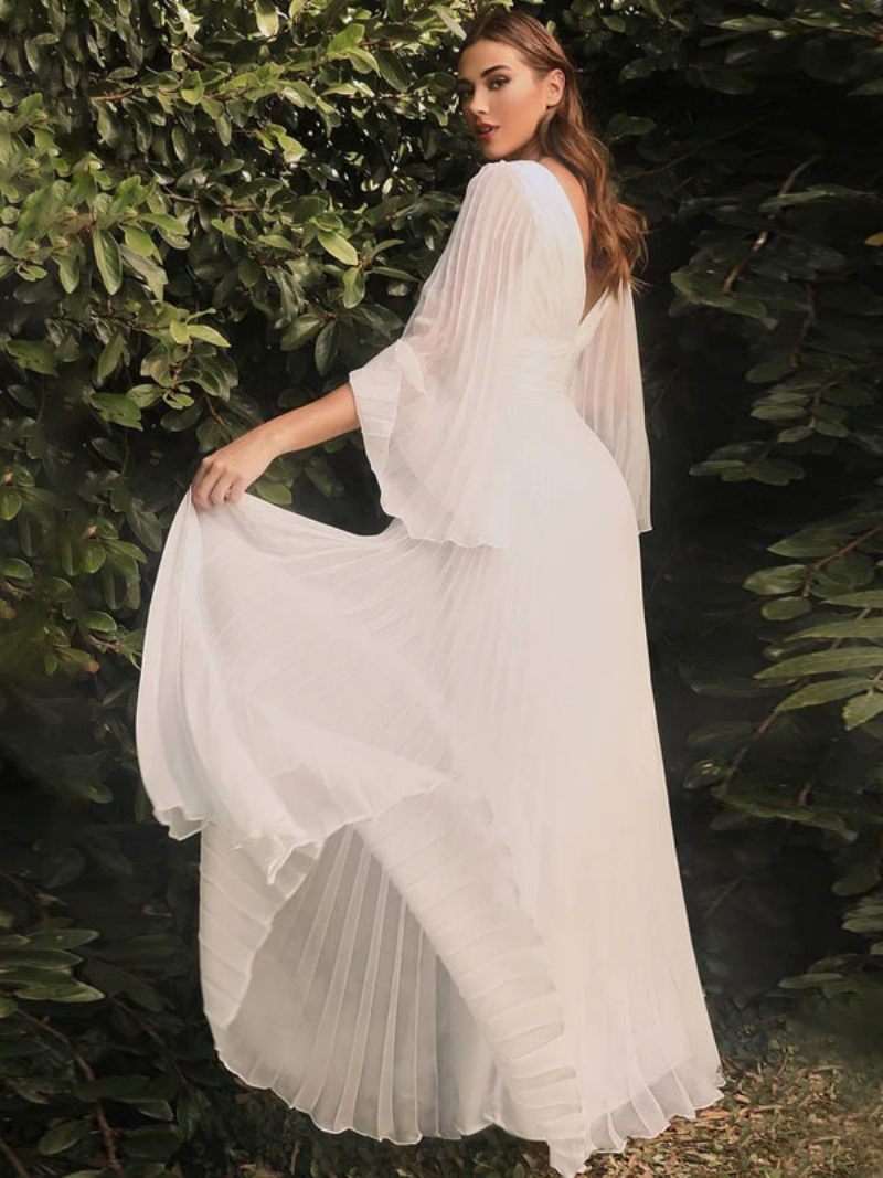 Robe Soirée D'anniversaire Plissée Pour Femmes Col V Manches Illusion Robes Longues Bal - Blanc