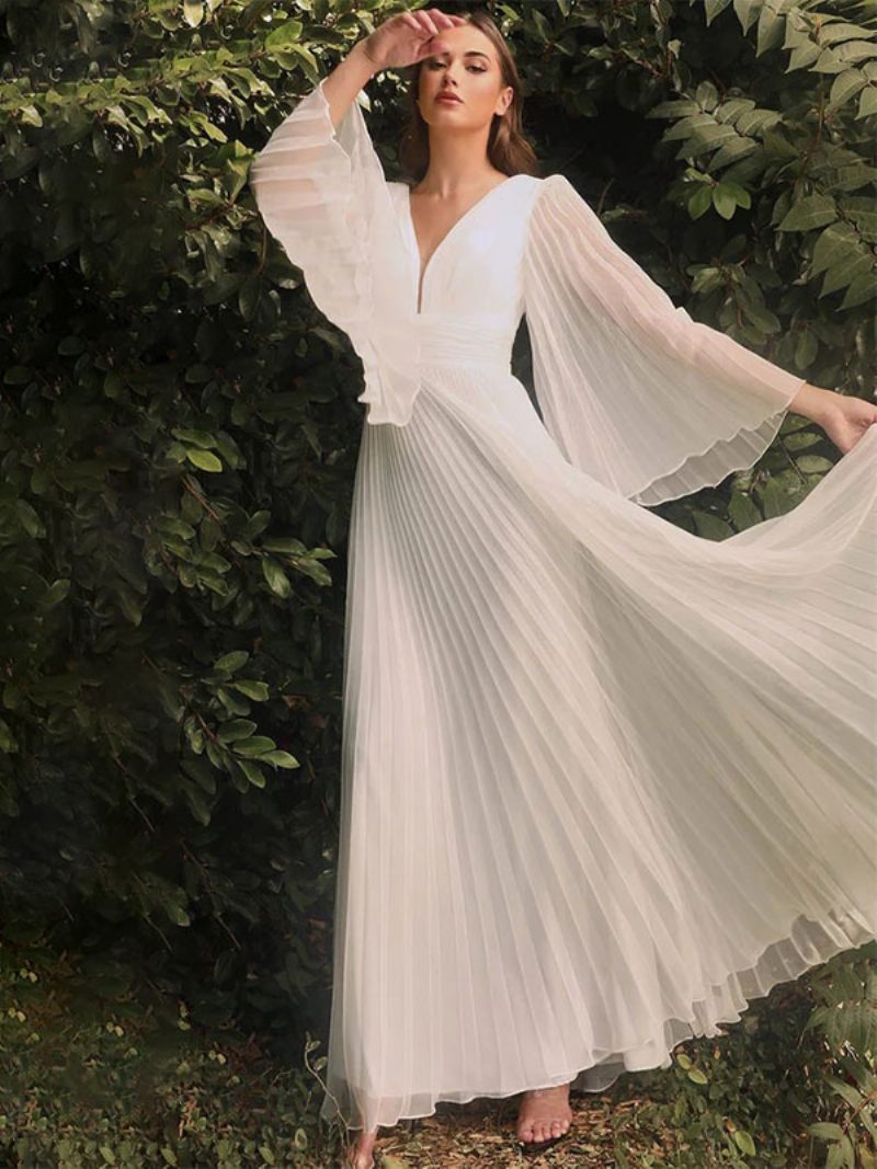 Robe Soirée D'anniversaire Plissée Pour Femmes Col V Manches Illusion Robes Longues Bal - Blanc