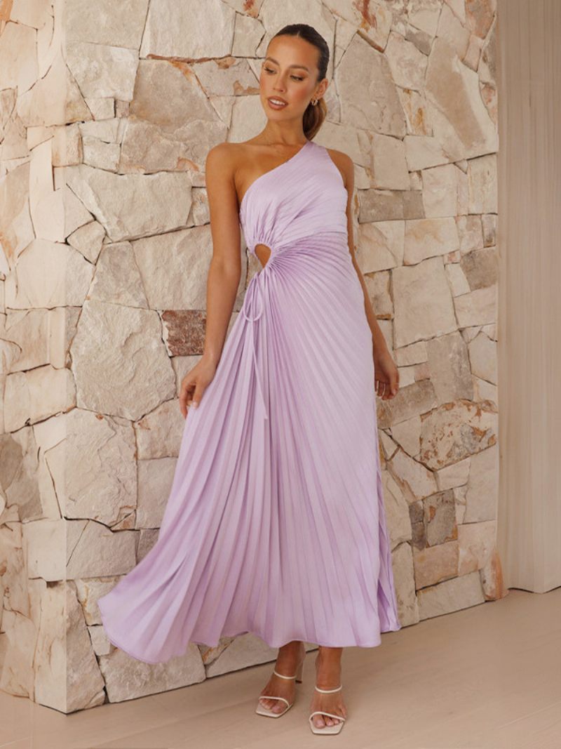 Robe Soirée Asymétrique Pour Femmes Épaule Plissée Robes Longues Bal - Violet