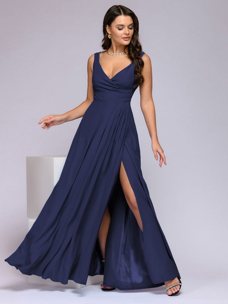 Robe Soirée Bleu Marine Foncé Pour Femmes Sans Manches Taille Empire Fente Haute Robes Bal Maxi