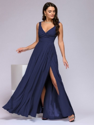 Robe Soirée Bleu Marine Foncé Pour Femmes Sans Manches Taille Empire Fente Haute Robes Bal Maxi