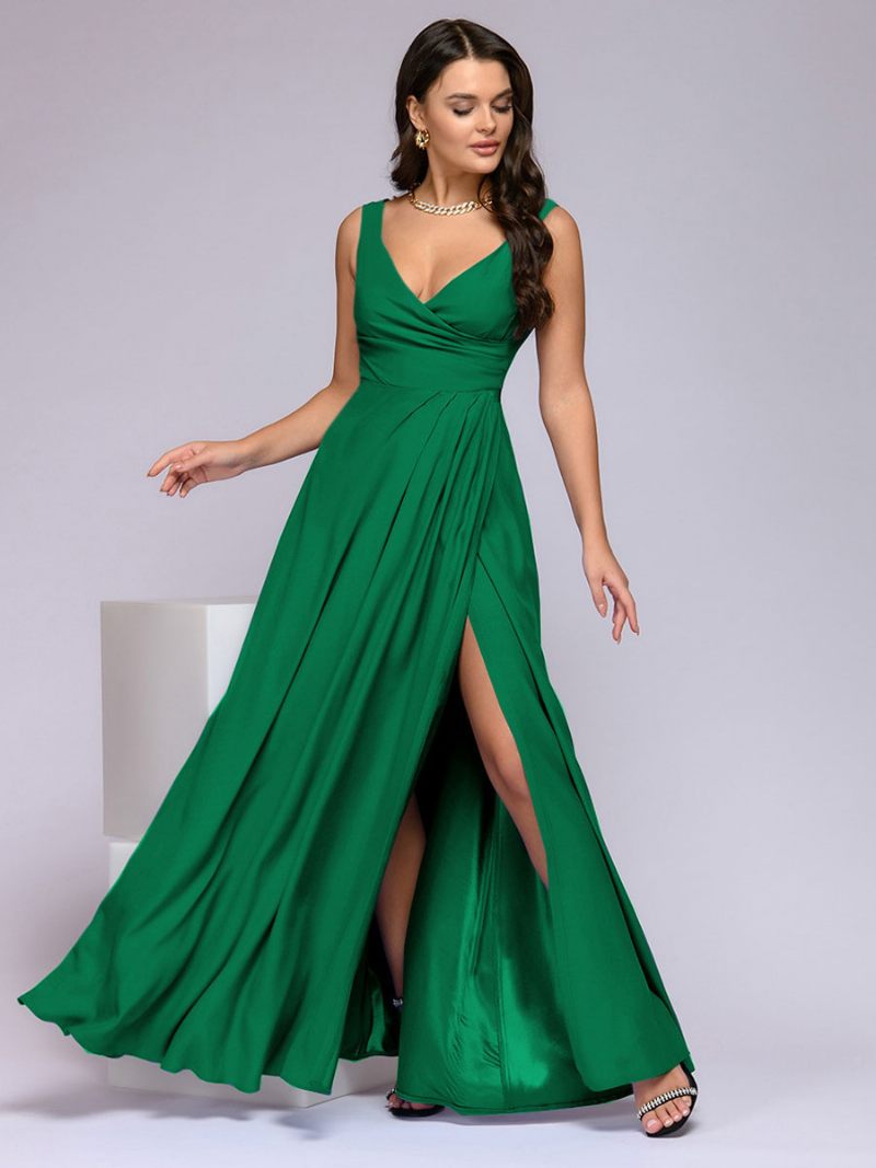 Robe Soirée Bleu Marine Foncé Pour Femmes Sans Manches Taille Empire Fente Haute Robes Bal Maxi - Vert