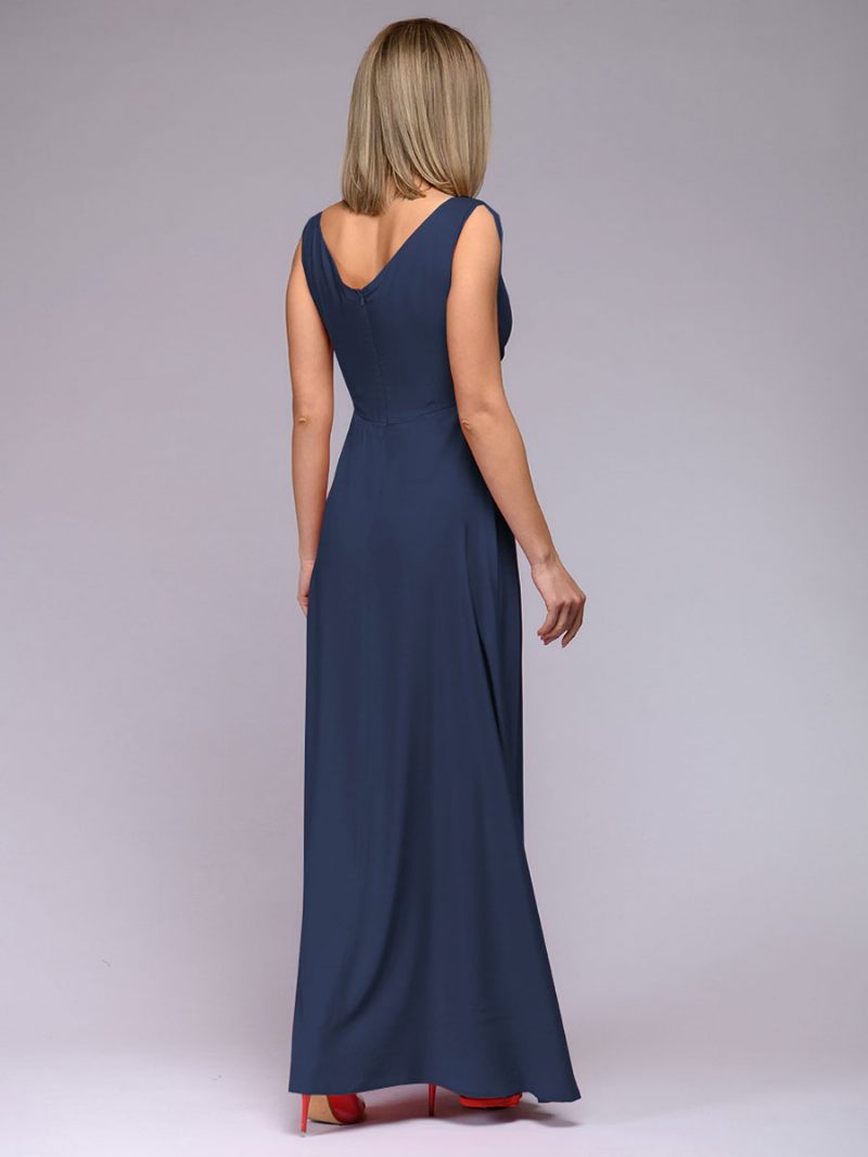 Robe Soirée Bleu Marine Foncé Pour Femmes Sans Manches Taille Empire Fente Haute Robes Bal Maxi - Marine Foncé