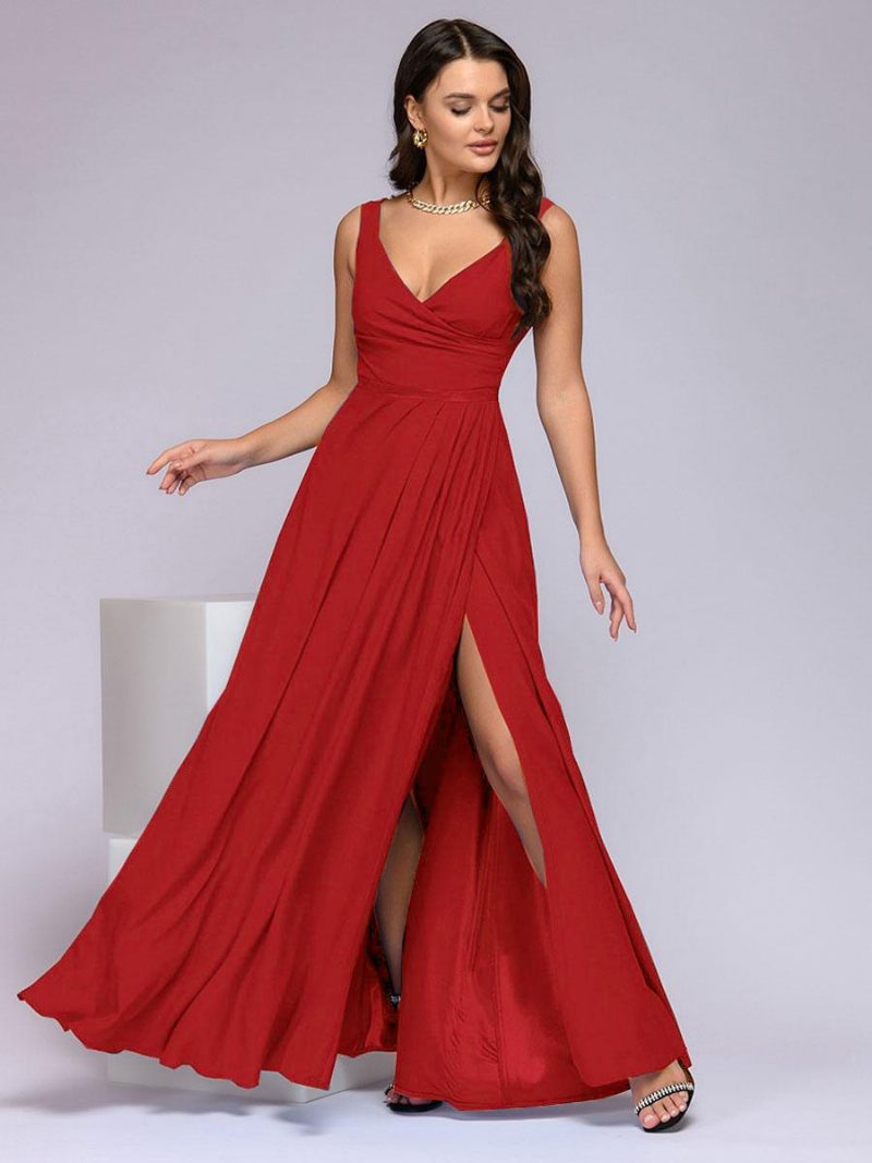 Robe Soirée Bleu Marine Foncé Pour Femmes Sans Manches Taille Empire Fente Haute Robes Bal Maxi - Rouge