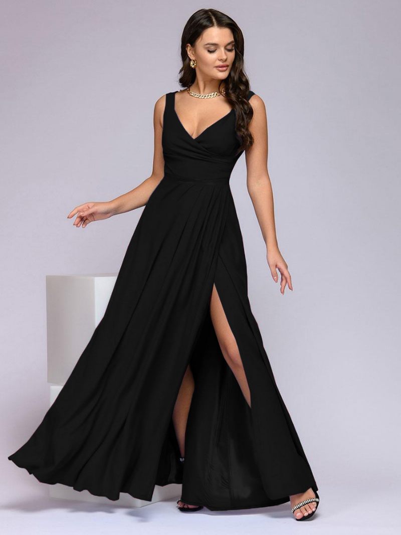 Robe Soirée Bleu Marine Foncé Pour Femmes Sans Manches Taille Empire Fente Haute Robes Bal Maxi - Noir