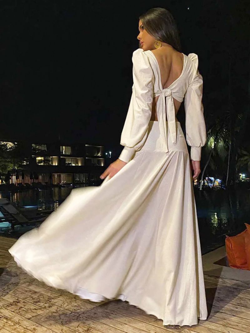 Robe Soirée Pour Femmes Col V Manches Longues Découpes Dos Nu Lacets Robes - Blanc