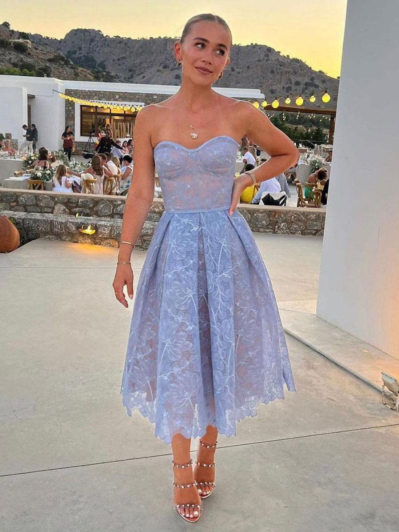 Robe Soirée Lavande Pour Femmes Sans Bretelles Dentelle Manches Épaules Ouvertes Mi-longue - Bleu