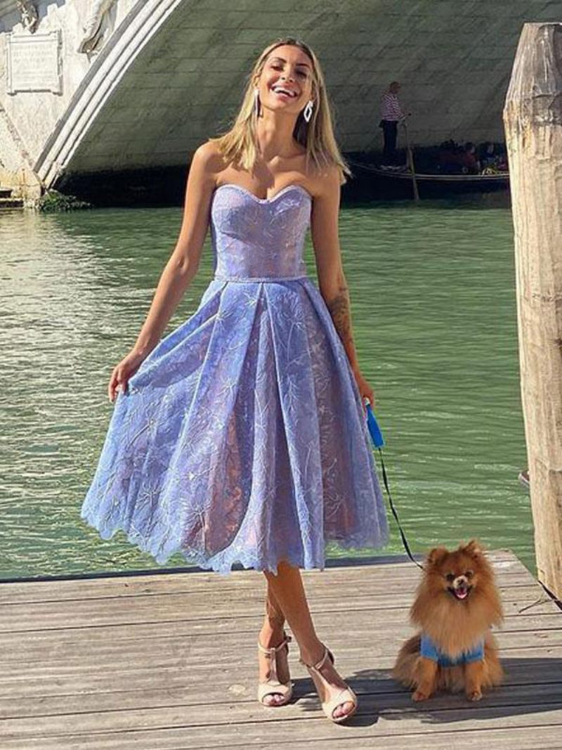 Robe Soirée Lavande Pour Femmes Sans Bretelles Dentelle Manches Épaules Ouvertes Mi-longue - Bleu