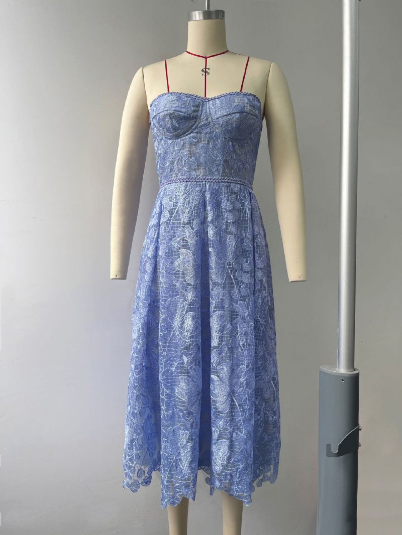 Robe Soirée Lavande Pour Femmes Sans Bretelles Dentelle Manches Épaules Ouvertes Mi-longue - Bleu