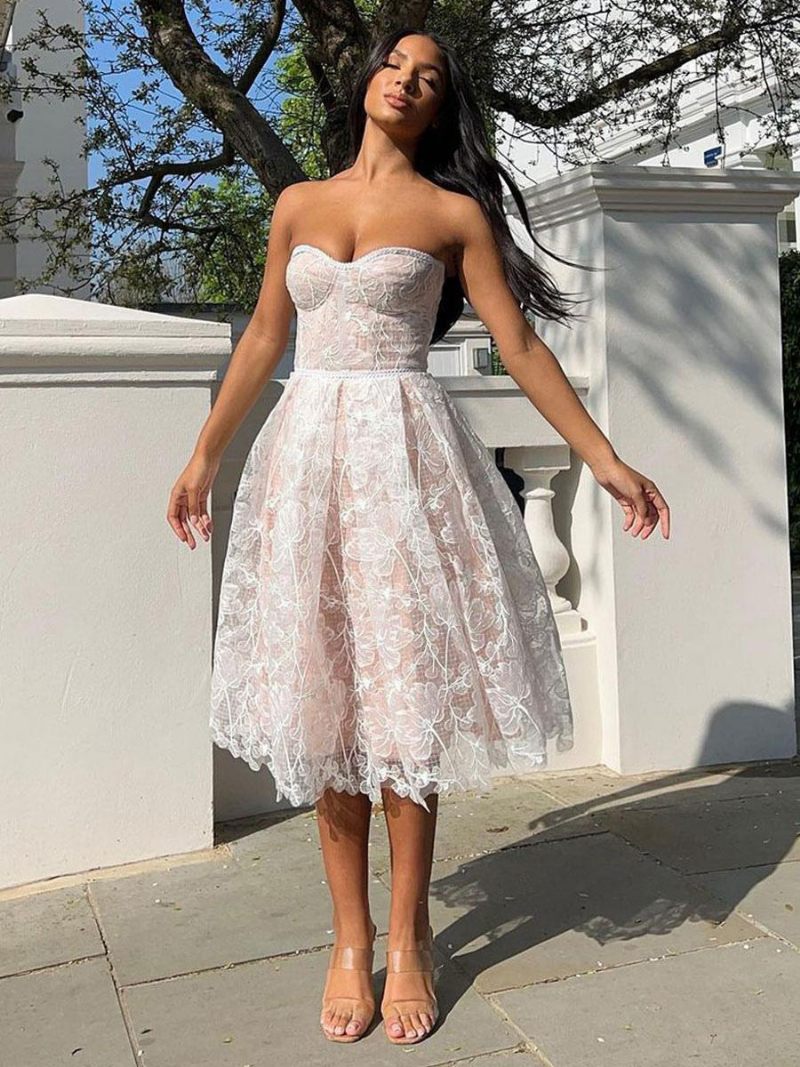 Robe Soirée Lavande Pour Femmes Sans Bretelles Dentelle Manches Épaules Ouvertes Mi-longue - Blanc