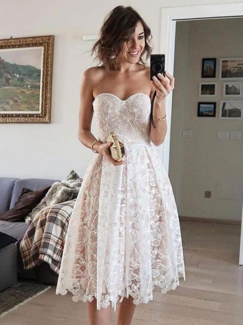 Robe Soirée Lavande Pour Femmes Sans Bretelles Dentelle Manches Épaules Ouvertes Mi-longue - Blanc