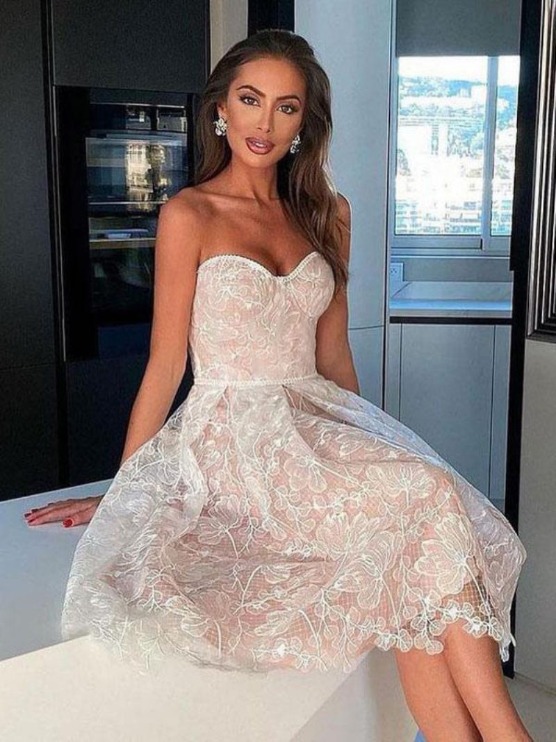 Robe Soirée Lavande Pour Femmes Sans Bretelles Dentelle Manches Épaules Ouvertes Mi-longue - Blanc