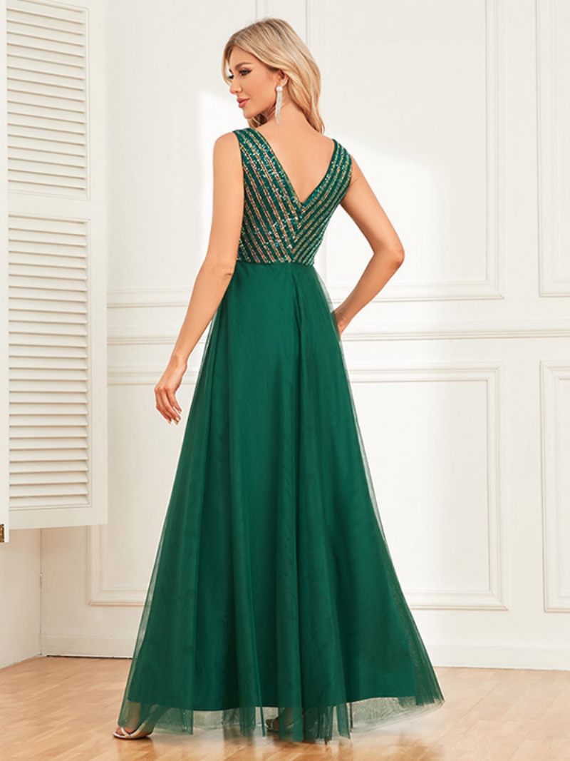 Robe Soirée Longue Torsadée Pour Femme Col V Sans Manches À Paillettes Fête D'anniversaire - Vert Foncé