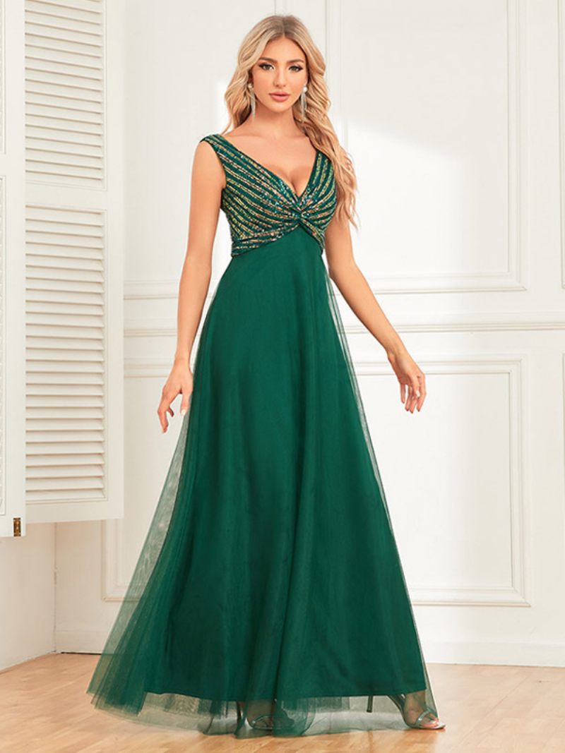 Robe Soirée Longue Torsadée Pour Femme Col V Sans Manches À Paillettes Fête D'anniversaire - Vert Foncé