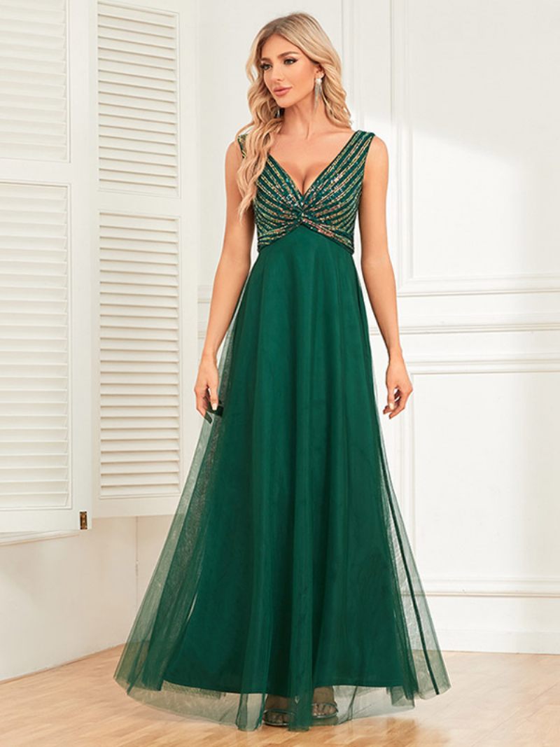 Robe Soirée Longue Torsadée Pour Femme Col V Sans Manches À Paillettes Fête D'anniversaire - Vert Foncé