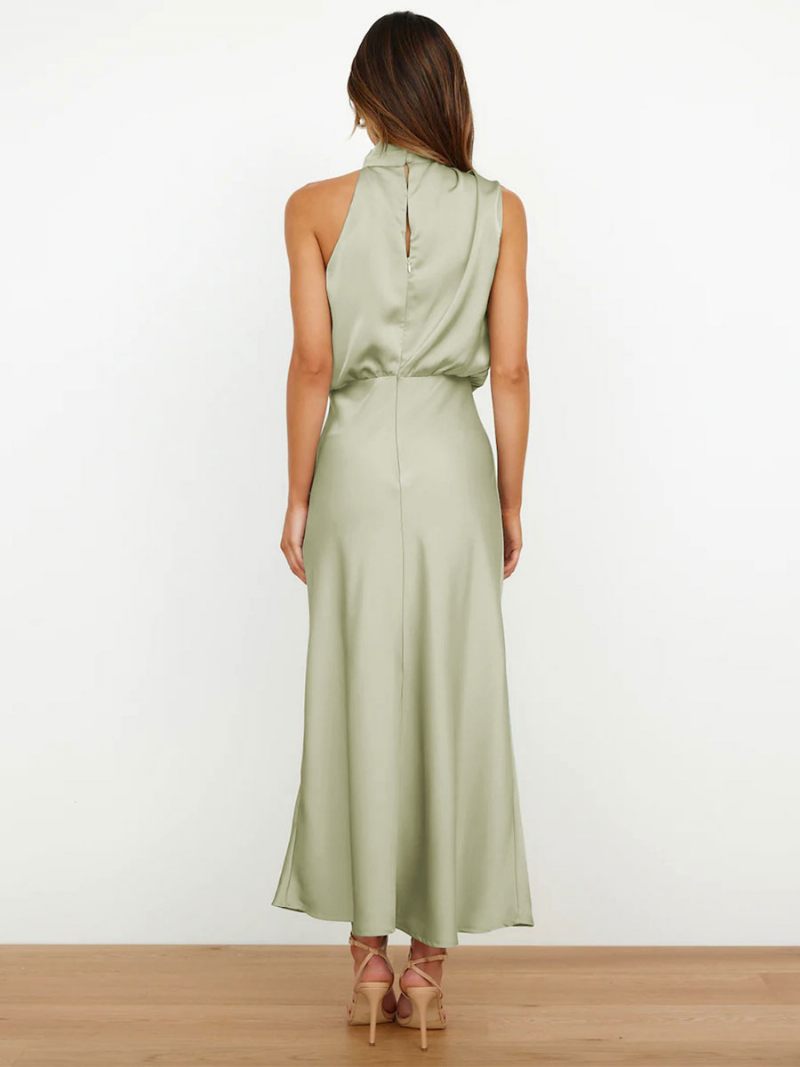 Robe Soirée Mi-longue Pour Femmes Demoiselle D'honneur Sans Manches Col Licou Couleur Unie - Vert Clair