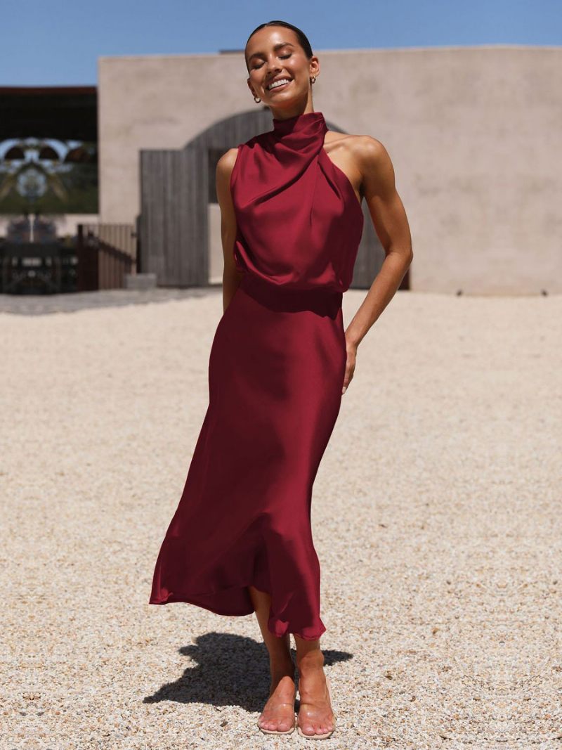 Robe Soirée Mi-longue Pour Femmes Demoiselle D'honneur Sans Manches Col Licou Couleur Unie - Bourgogne