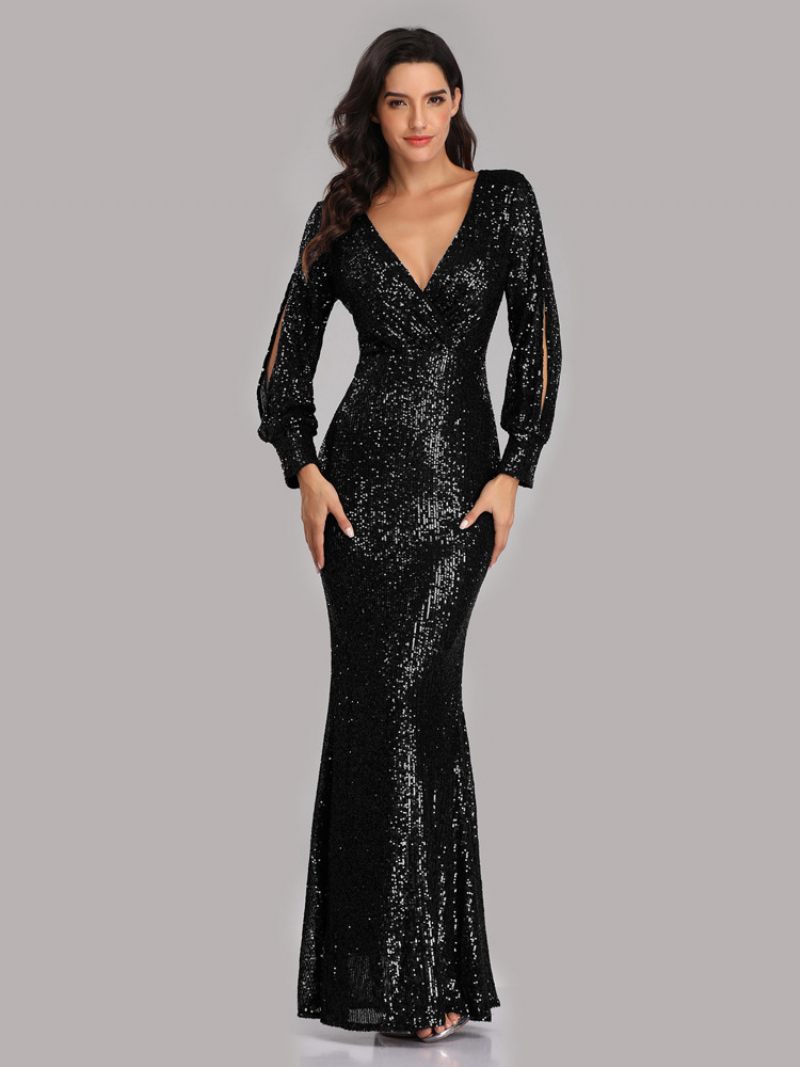 Robe Soirée À Paillettes Pour Femme Col V Manches Longues Longue Bal D'anniversaire