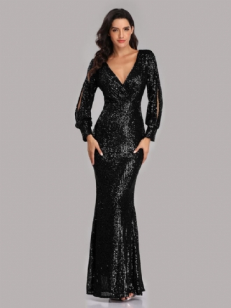 Robe Soirée À Paillettes Pour Femme Col V Manches Longues Longue Bal D'anniversaire