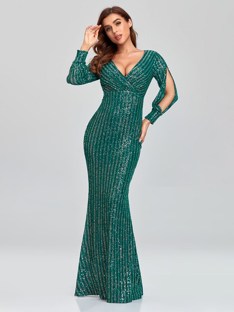 Robe Soirée À Paillettes Pour Femme Col V Manches Longues Longue Bal D'anniversaire - Vert