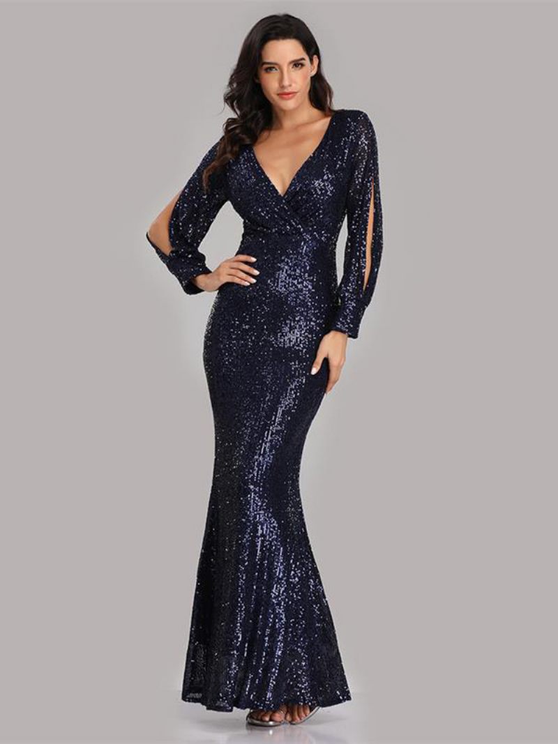 Robe Soirée À Paillettes Pour Femme Col V Manches Longues Longue Bal D'anniversaire - Marine Foncé