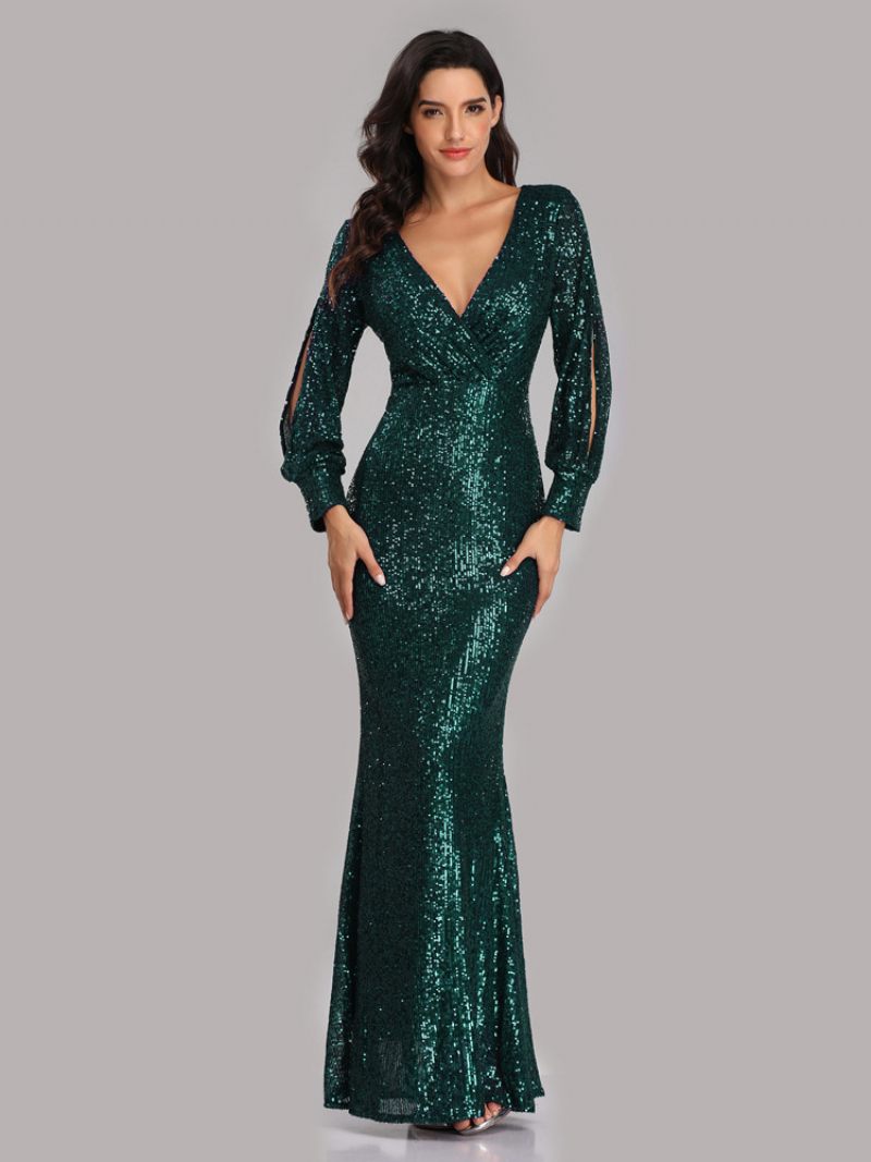 Robe Soirée À Paillettes Pour Femme Col V Manches Longues Longue Bal D'anniversaire - Vert Foncé