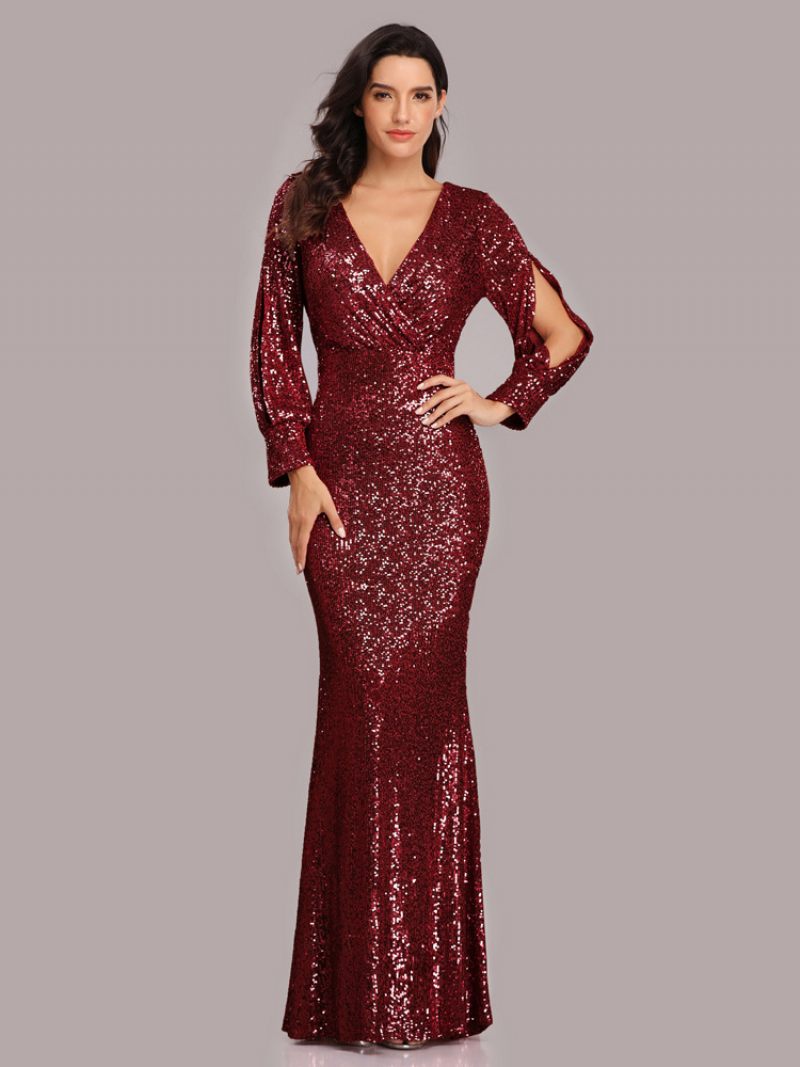 Robe Soirée À Paillettes Pour Femme Col V Manches Longues Longue Bal D'anniversaire - Bourgogne