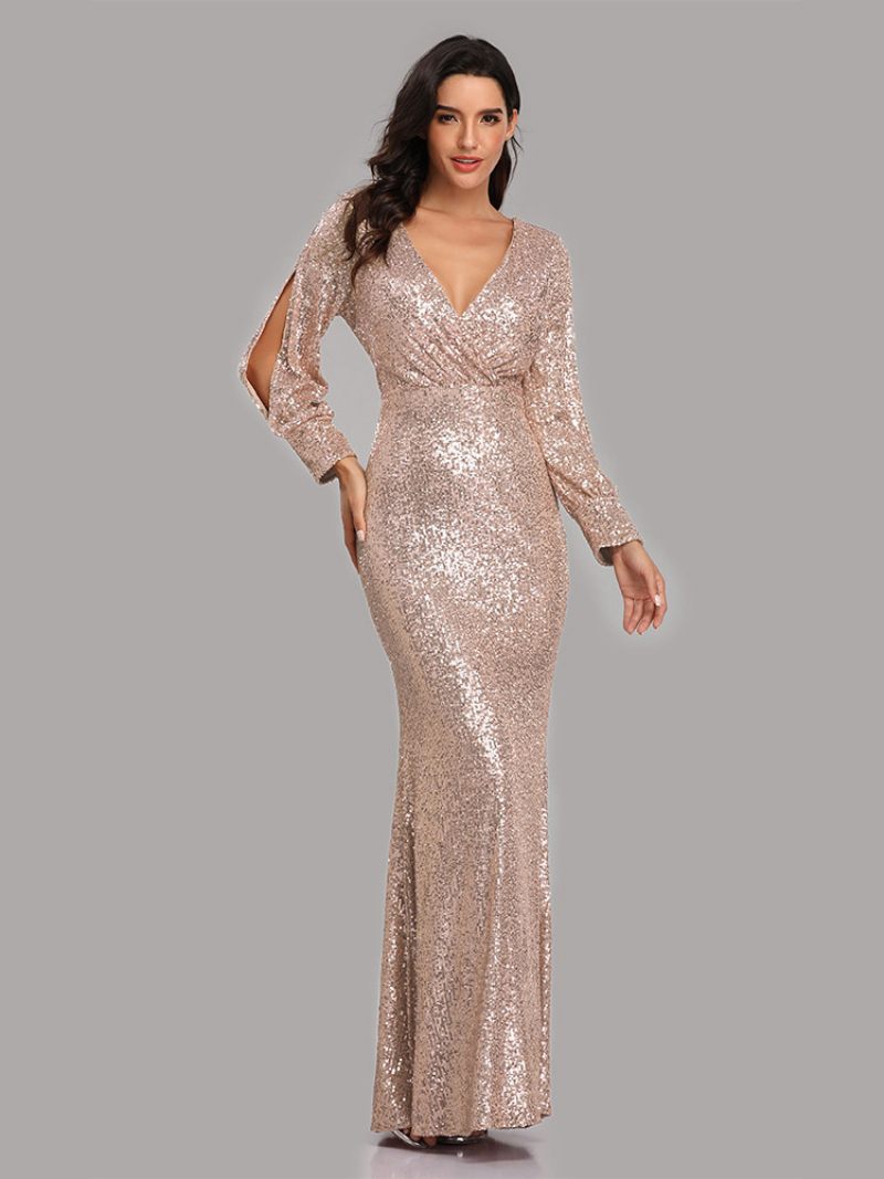 Robe Soirée À Paillettes Pour Femme Col V Manches Longues Longue Bal D'anniversaire - Champagne