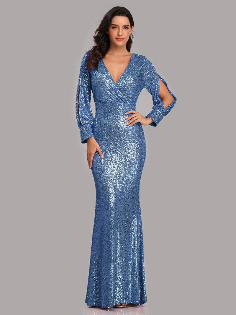 Robe Soirée À Paillettes Pour Femme Col V Manches Longues Longue Bal D'anniversaire - Bleu