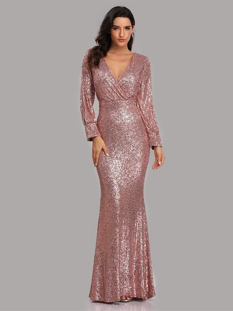 Robe Soirée À Paillettes Pour Femme Col V Manches Longues Longue Bal D'anniversaire - Rose