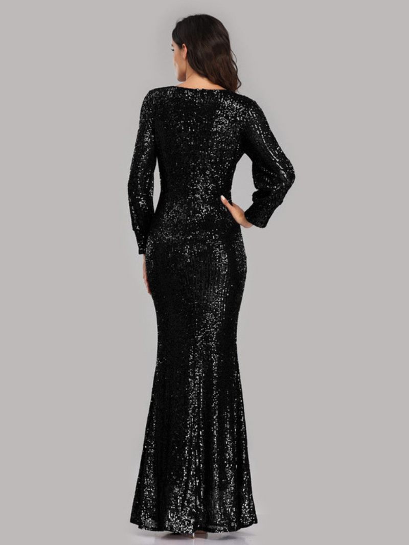 Robe Soirée À Paillettes Pour Femme Col V Manches Longues Longue Bal D'anniversaire - Noir