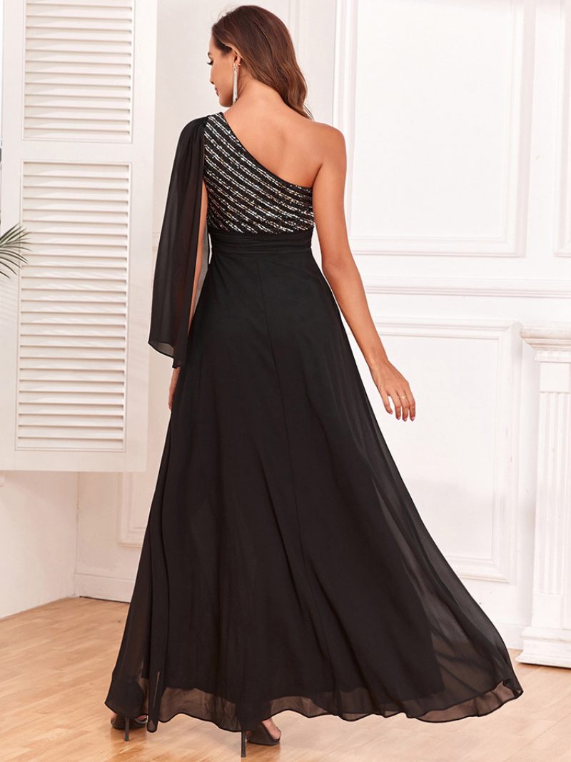 Robe Soirée À Paillettes Pour Femmes Asymétrique Épaule Dénudée Fente Haute Robes Longues Asymétriques - Noir