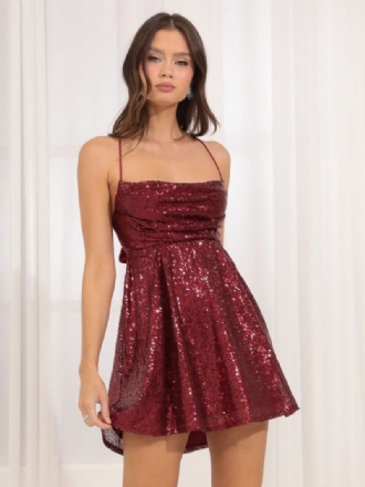 Robe Soirée À Paillettes Pour Femmes Col Licou Bretelles Spaghetti Plissées Dos Nu Mini Robes