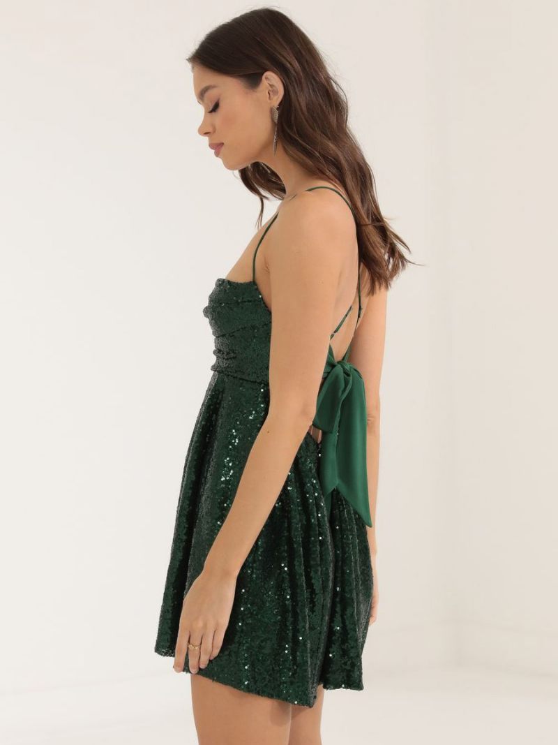 Robe Soirée À Paillettes Pour Femmes Col Licou Bretelles Spaghetti Plissées Dos Nu Mini Robes - Vert Foncé