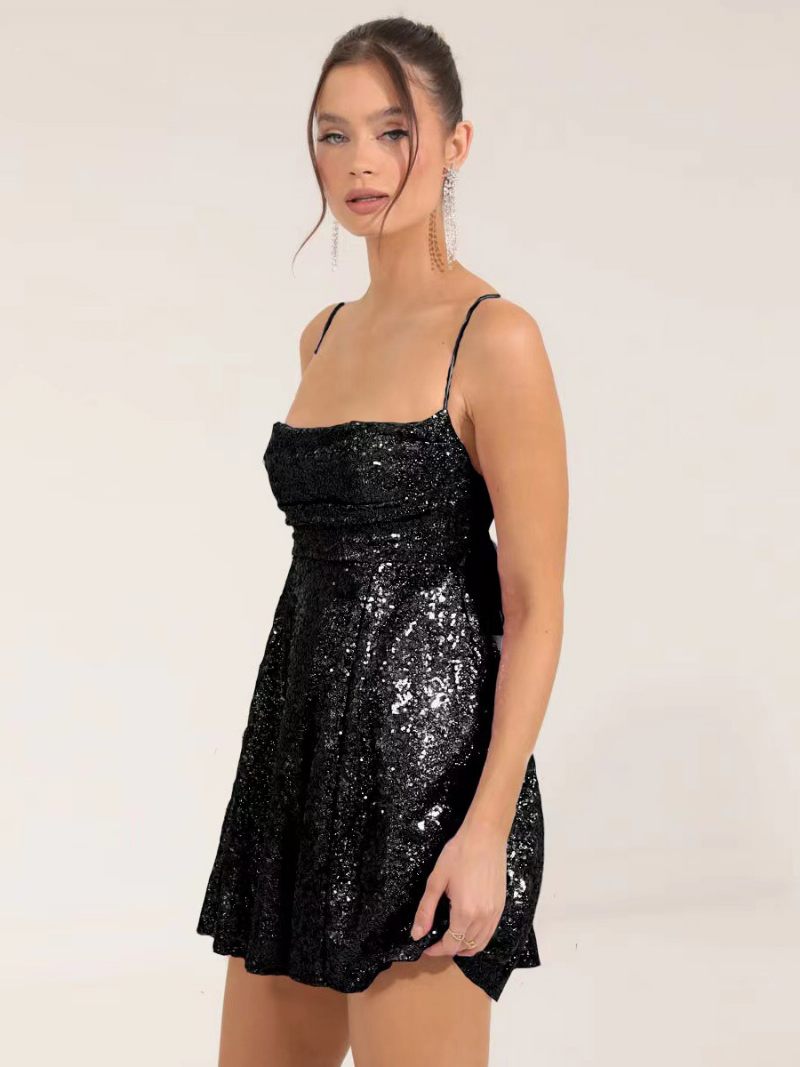 Robe Soirée À Paillettes Pour Femmes Col Licou Bretelles Spaghetti Plissées Dos Nu Mini Robes - Noir