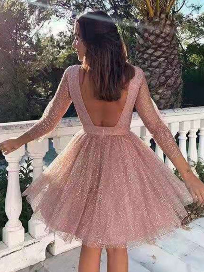 Robe Soirée À Paillettes Pour Femmes Manches Illusion Col Bateau Ligne A Robes Courtes Fête D'anniversaire - Rose