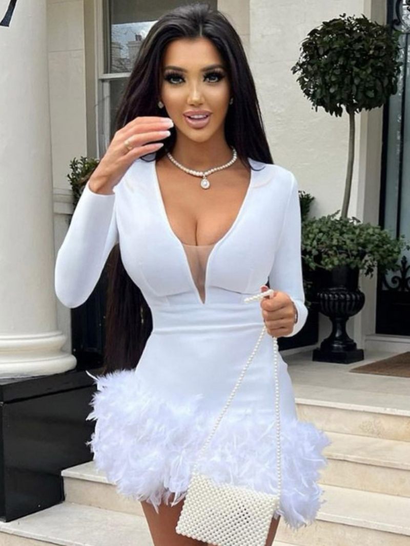 Robe Soirée Sexy Pour Femmes Manches Longues V Profond Garniture Plumes Mini Moulante - Blanc