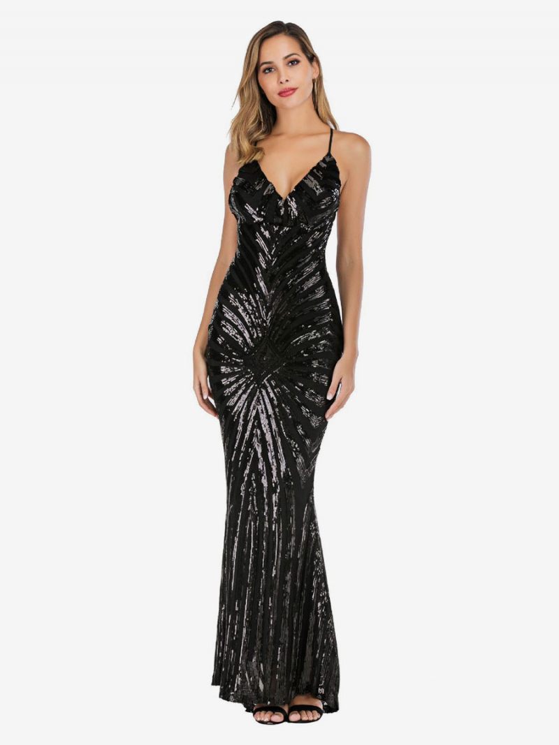 Robe Soirée Sirène Sans Manches Pour Femmes Longue Bal Semi-formelle À Paillettes - Noir