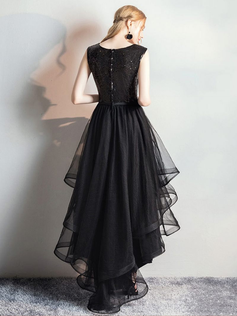 Robe Superposée Tulle Pour Femmes Col Bateau Sans Manches Paillettes Robes Longues Bal - Noir