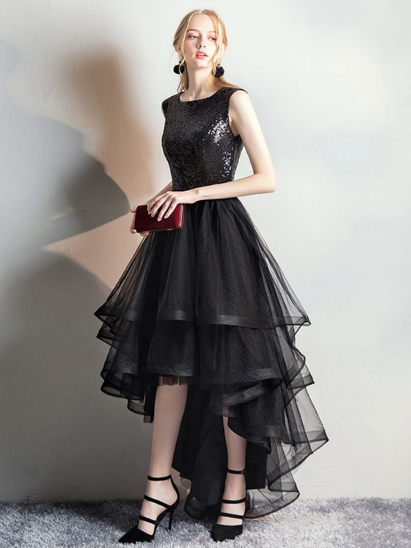 Robe Superposée Tulle Pour Femmes Col Bateau Sans Manches Paillettes Robes Longues Bal - Noir