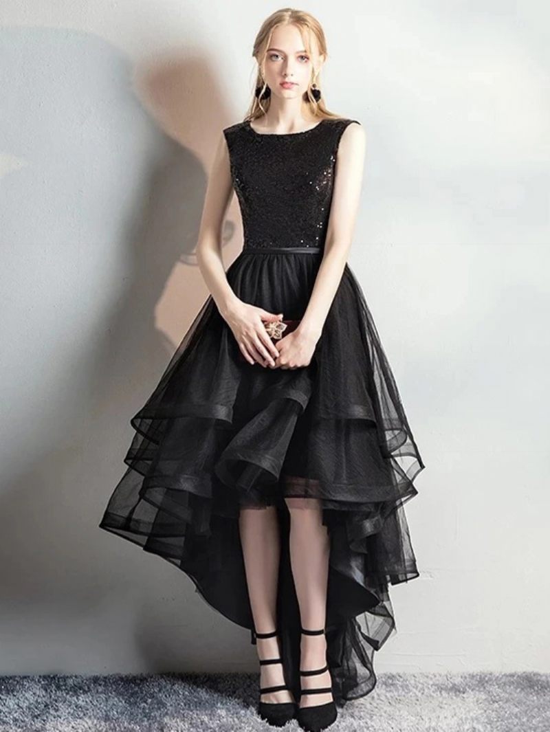 Robe Superposée Tulle Pour Femmes Col Bateau Sans Manches Paillettes Robes Longues Bal - Noir