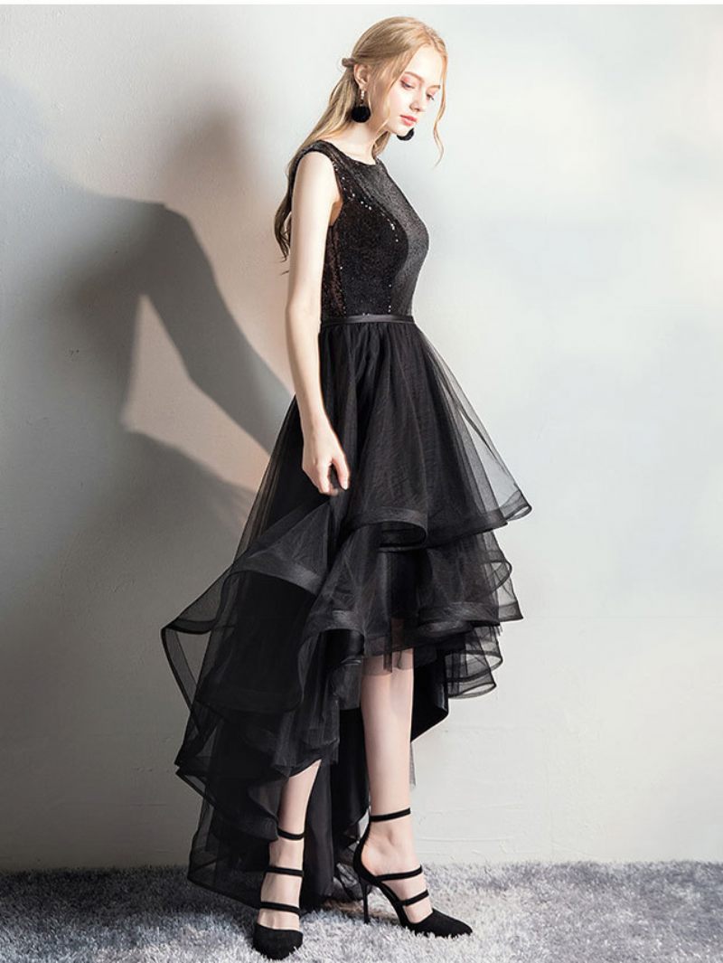 Robe Superposée Tulle Pour Femmes Col Bateau Sans Manches Paillettes Robes Longues Bal - Noir