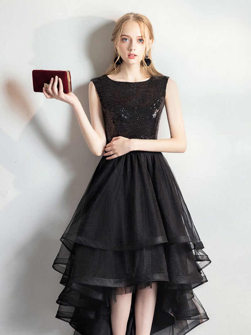 Robe Superposée Tulle Pour Femmes Col Bateau Sans Manches Paillettes Robes Longues Bal - Noir