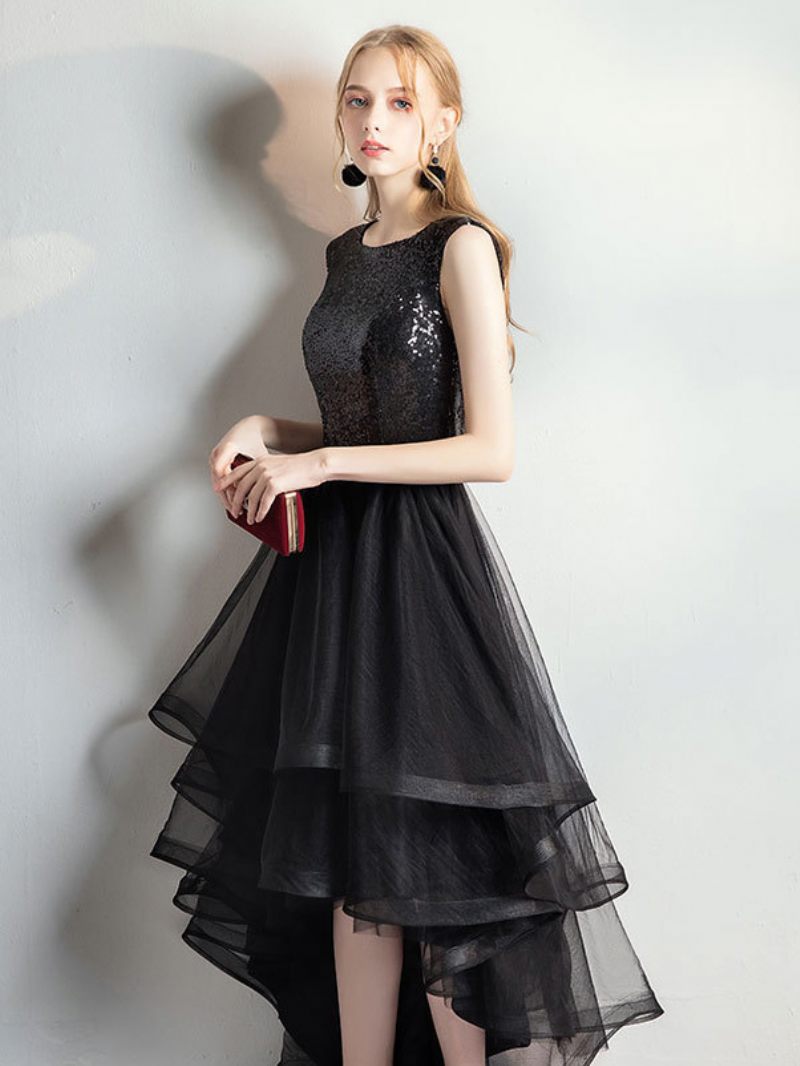 Robe Superposée Tulle Pour Femmes Col Bateau Sans Manches Paillettes Robes Longues Bal - Noir