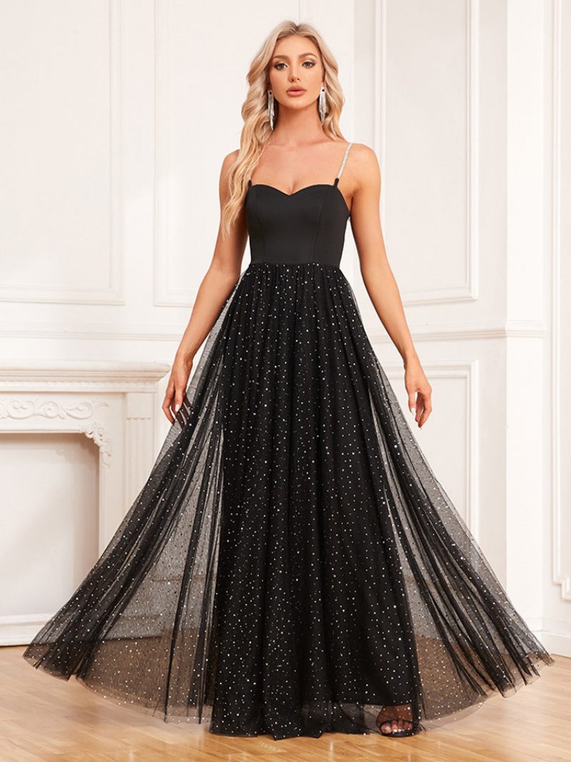 Robe Trapèze Pour Femmes Encolure Cœur Bretelles Spaghetti Paillettes Robes Longues Bal - Noir