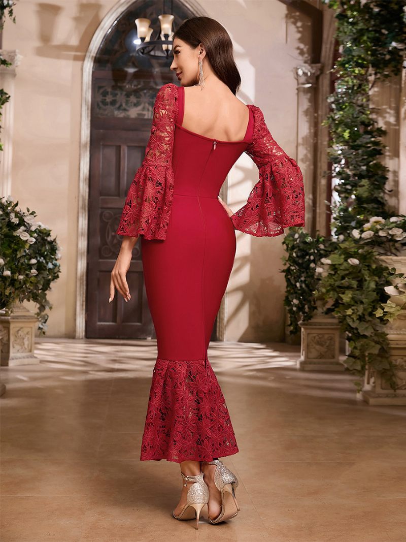 Robe Trompette Rouge Pour Femmes Broderie Chérie Robes Maxi Bal Élégantes - Rouge