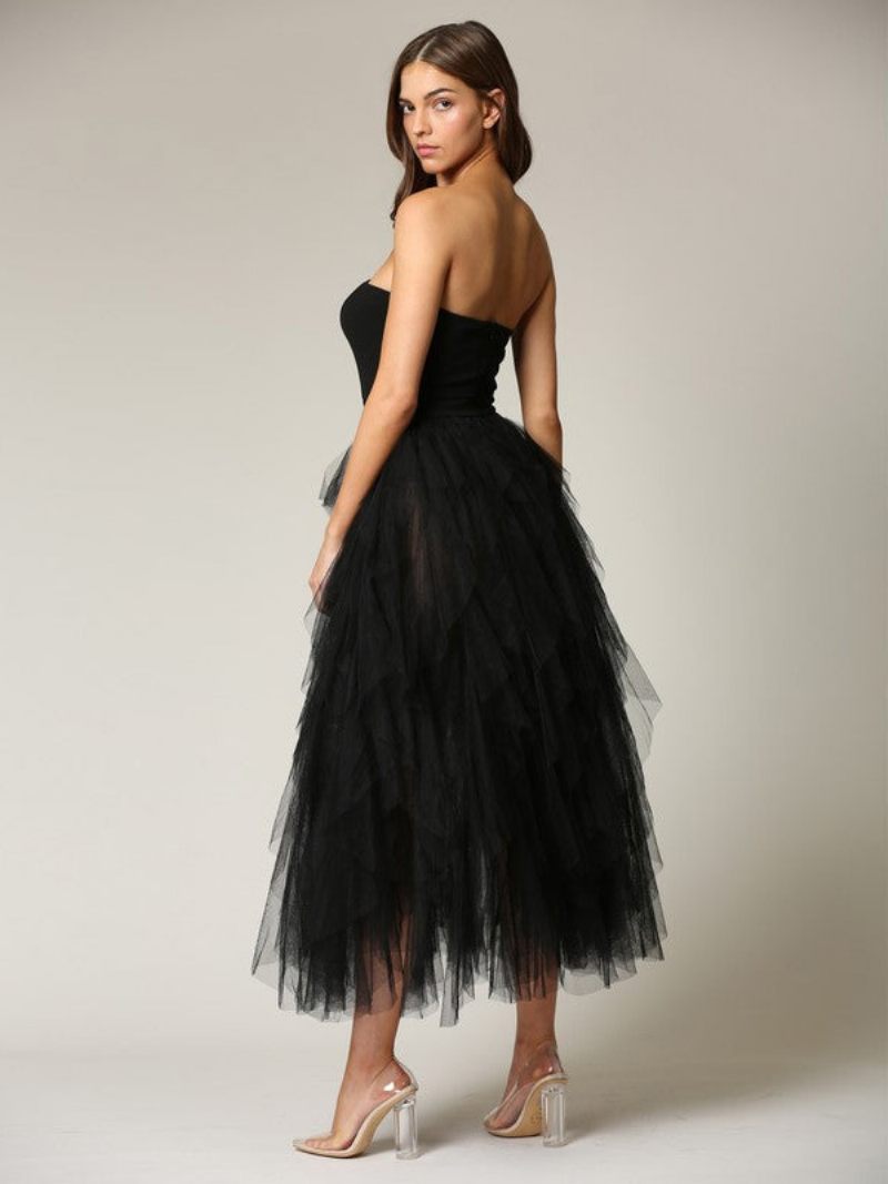 Robe Tulle Pour Femme Épaules Dénudées Col V Dos Nu Longue Soirée Bal - Noir