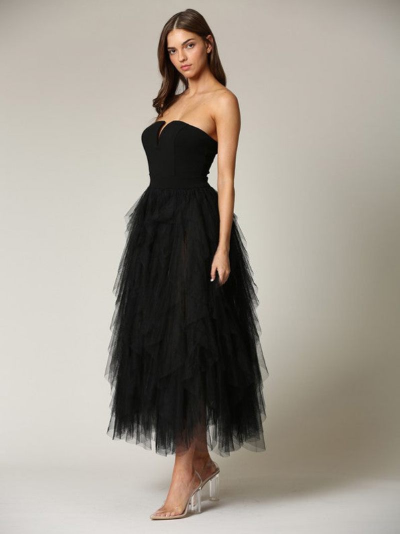 Robe Tulle Pour Femme Épaules Dénudées Col V Dos Nu Longue Soirée Bal - Noir