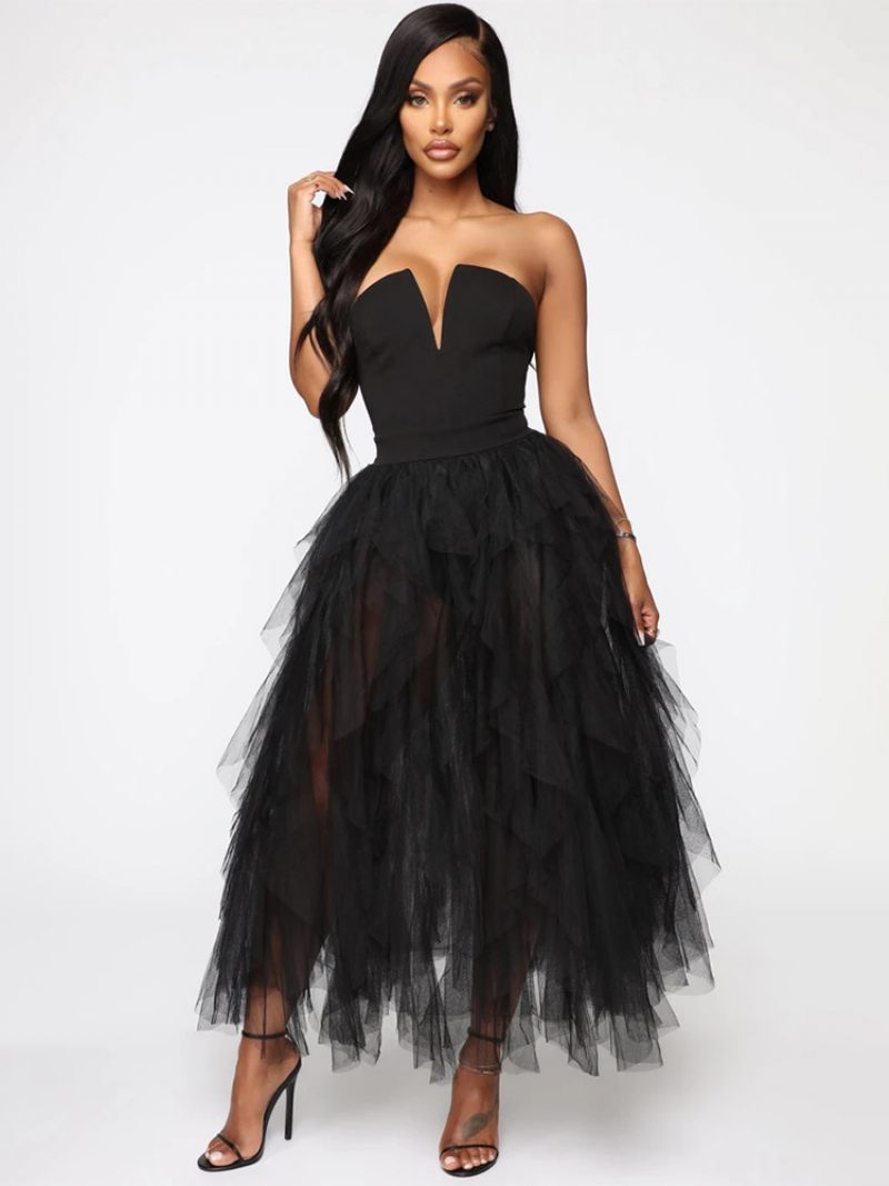 Robe Tulle Pour Femme Épaules Dénudées Col V Dos Nu Longue Soirée Bal - Noir