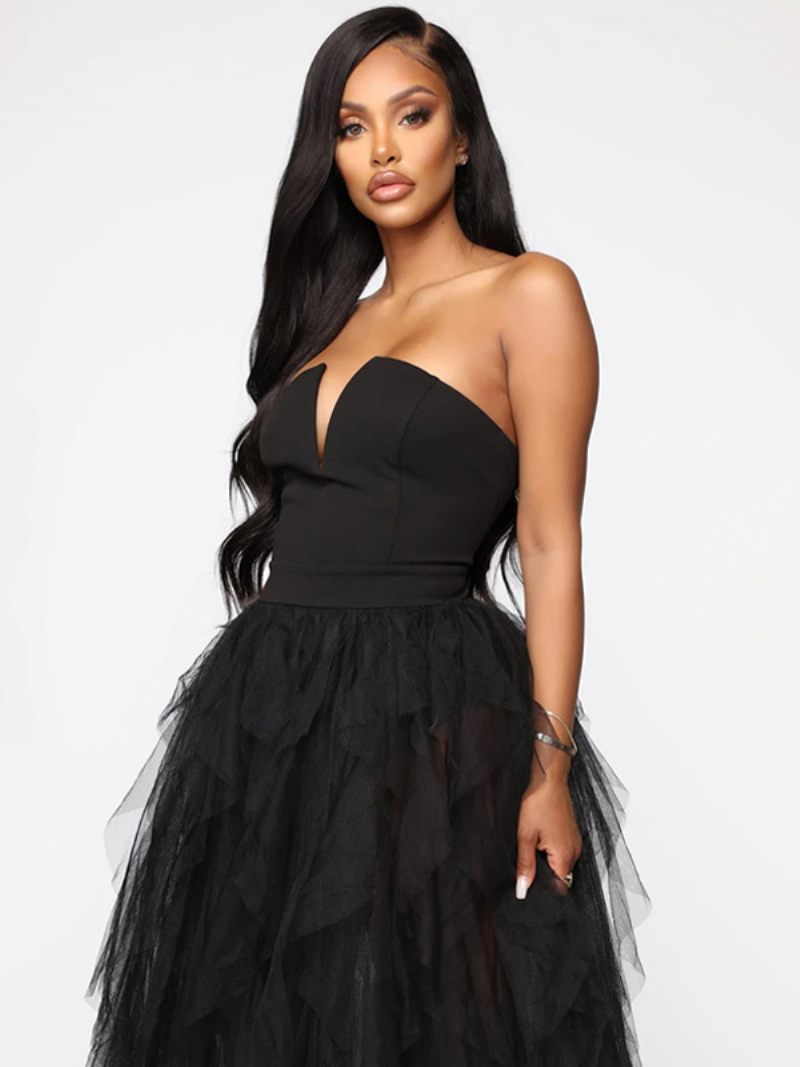 Robe Tulle Pour Femme Épaules Dénudées Col V Dos Nu Longue Soirée Bal - Noir